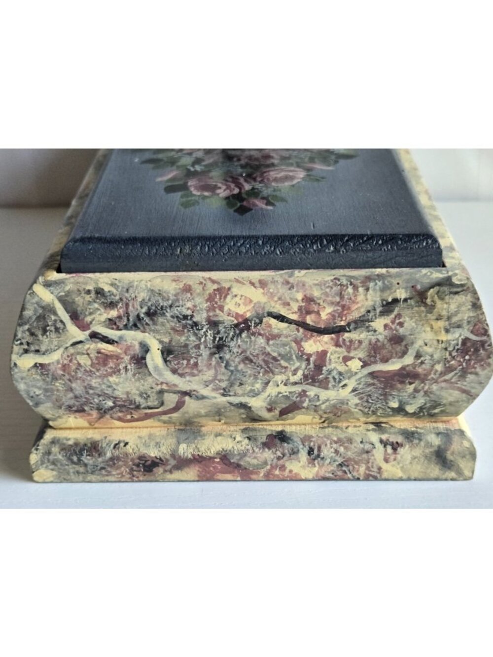 Painted Folk Art Wooden Box with Lid Heart Roses Blue Pink Faux Marble Finish - Picture 4 of 14